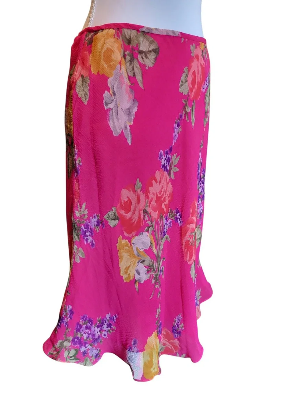 90s Y2k Lauren Ralph Lauren Pink Floral Silk Skirt - Picture 2 of 8